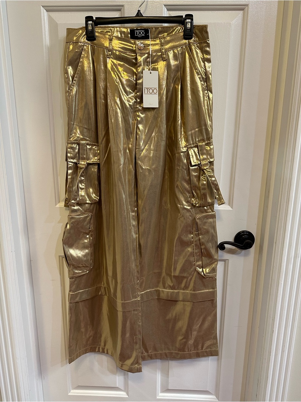 ITOO Italy Metallic Gold Cargo Wide Leg Pants NWT